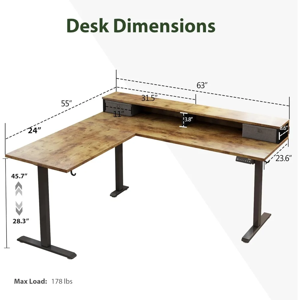 Desk,with 2 Drawers, 63 Inch Ergonomic Adjustable Height Desk With Storage, Corner Desk Sit Stand Up Computer Table