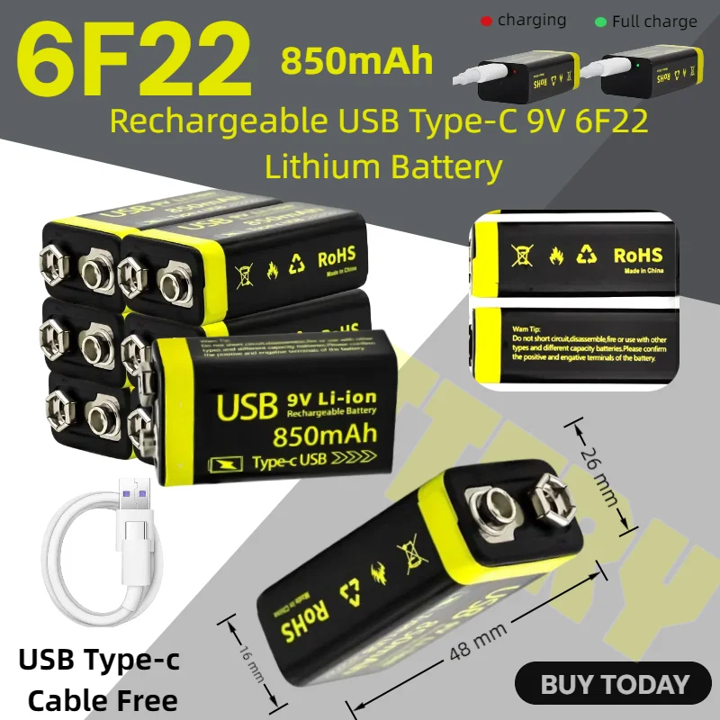 

6F22 9V 850mAh Li-ion Rechargeable Battery USB-C Rechargeable Long Lasting for RC Helicopter & Multimeter & Toys Model