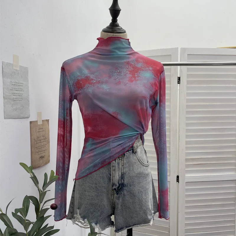2026 New Women's Semi-turtleneck Long-sleeved Bottoming Shirt Top Smudged Mesh Perspective Slim-fitting T-shirt