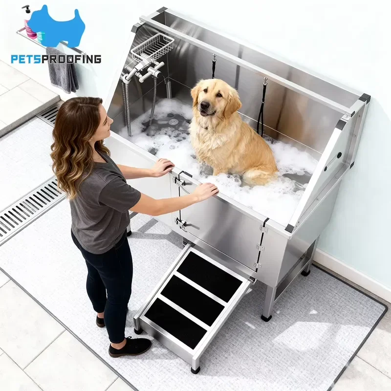 Stainless Steel Pet Dog Bathing Tub 50 Inch Professional Large Grooming Tub With Faucet Walk-in Ramp Multifunction