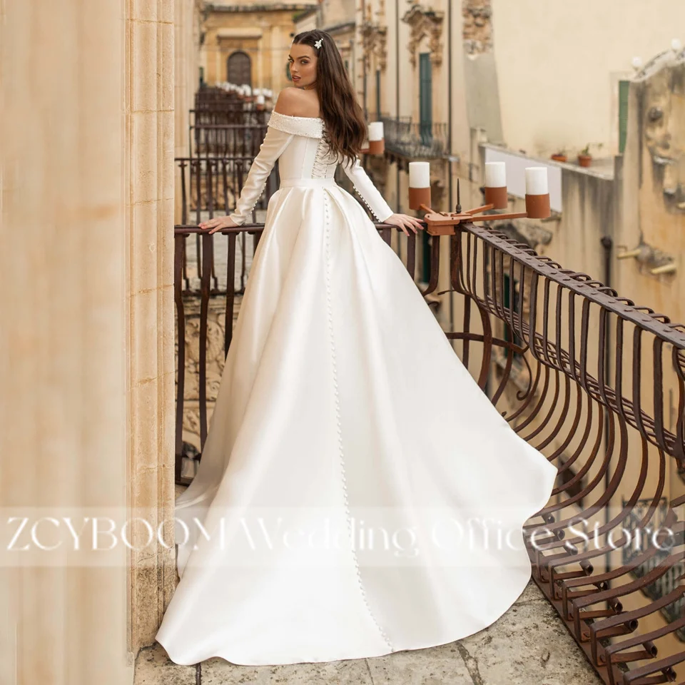 2 In 1 Detachable Train Mermaid Satin Long Sleeves Wedding Dresses 2026 Vintage Beading Boat Neck Bridal Gowns Vestido De Noiva