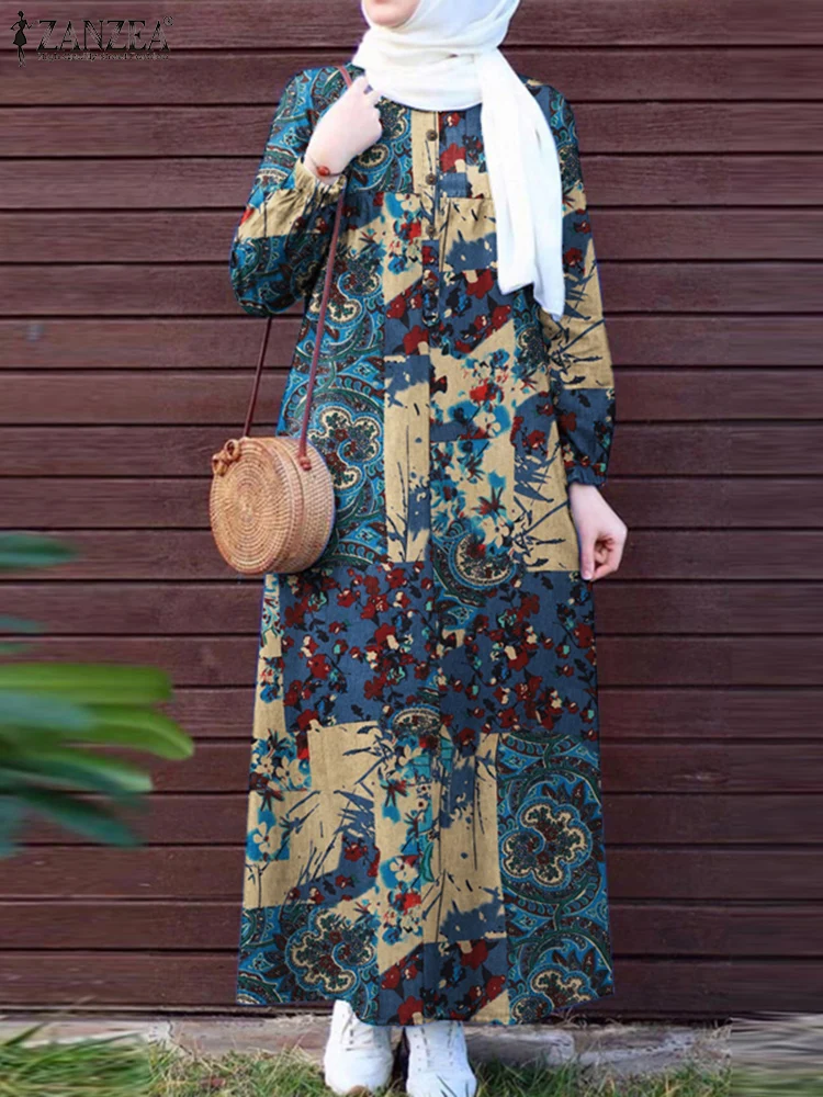 

ZANZEA Women Vintage Dubai Turkey Abaya Floral Printed Muslim Dress Casual Hijab Sundress Spring Marocain Eid Mubarek Vestido