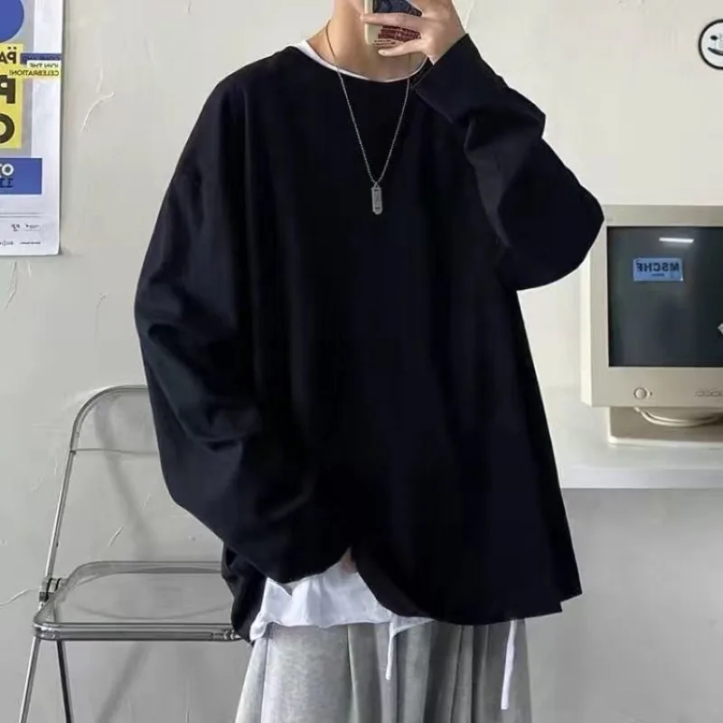 قميص رجالي بلون سادة للربيع والخريف بأكمام طويلة تي شيرت ياباني