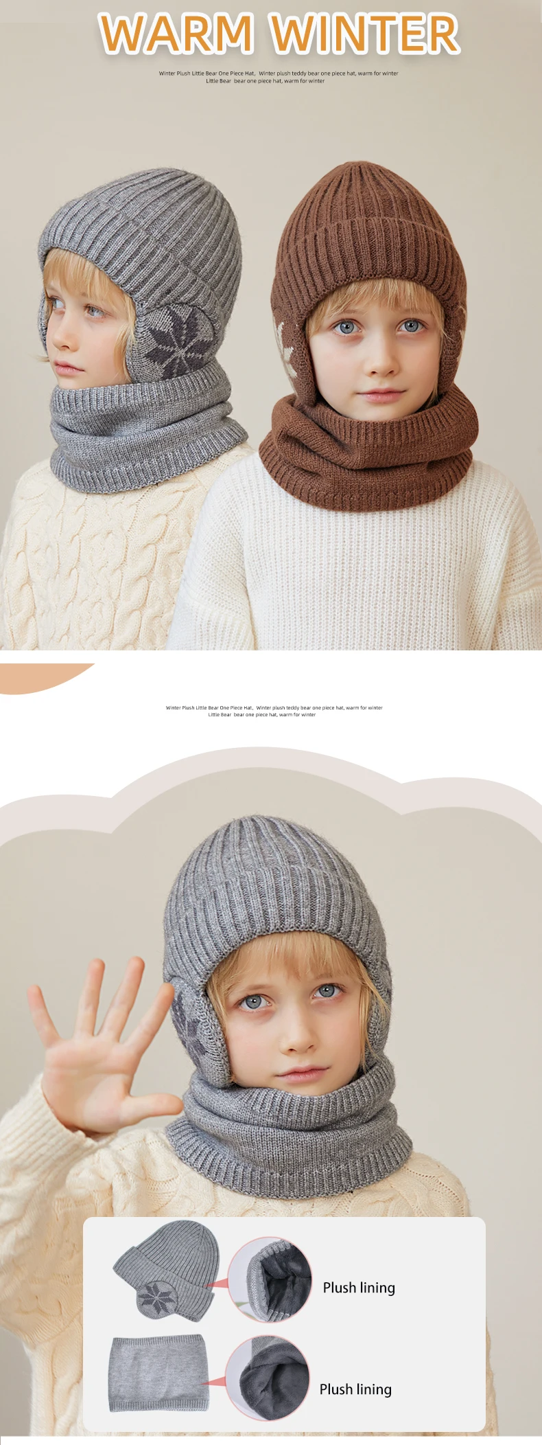 2-teiliges Set aus gestrickter Wintermütze und Schal für Kinder, Fleecefutter, Ohrenschutz, Beanie-Mütze, Nackenwärmer, warme Mütze für Jungen, offizielle Website – Detail 1