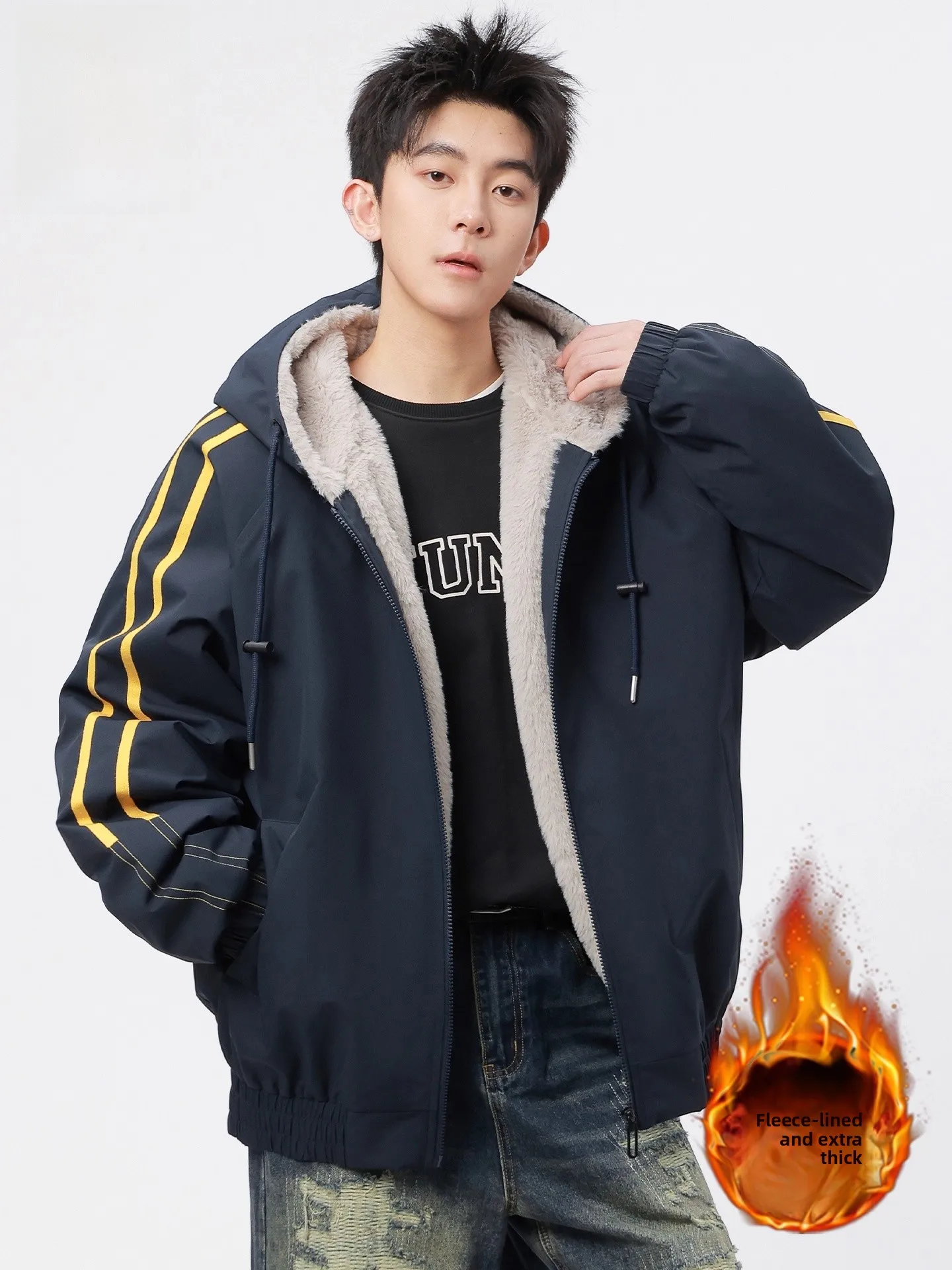 

Thiened Lamb Velvet Hooded Spor Open Cardigan Sweatirt Men's Autumn Winter Warm Cotton Jaet Coat Fce Lined Casual ...