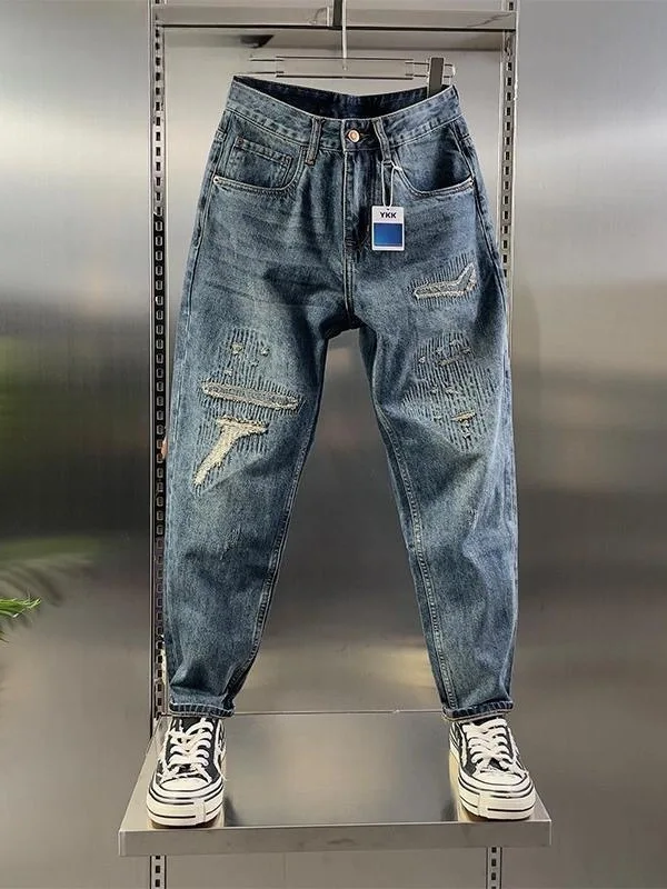 Retro American Patchwork Hole Denim Jeans Men's Trendy Brand Loose Straight Harlan Pants Men's Wide Leg Dad Pants