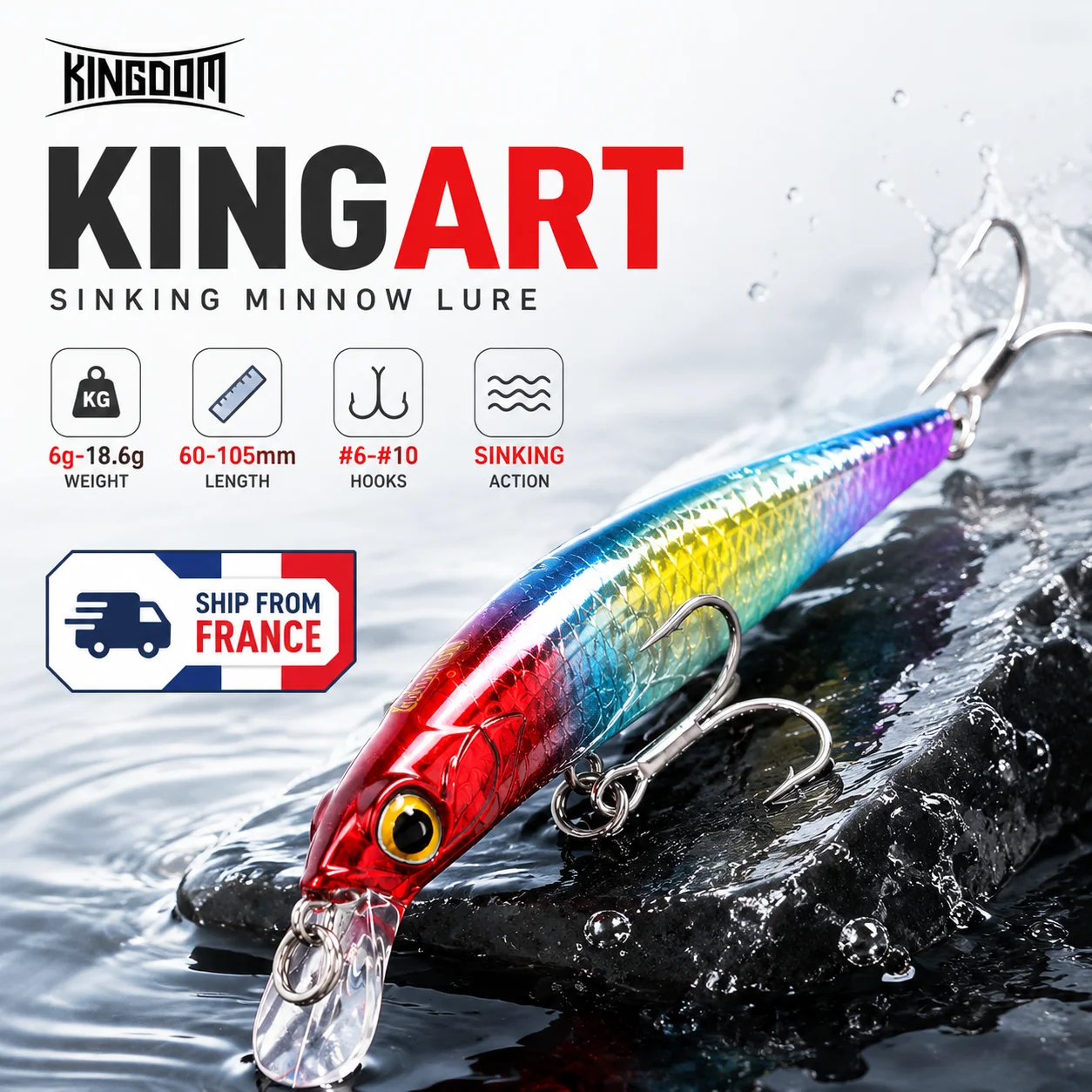 Leurres de pêche Kingdom Sinking Minnow 9g 14g 18.6g Jerkbaits ​ ​ Leurres d'action réalistes pour la pêche au bar, équipement de pêche en