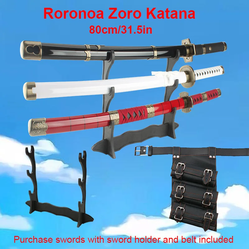 Anime Katana 80 cm/31,5 Zoll Roronoa Zoro Schwert Cosplay Charakter 3 Stück mit Halter und schwarzem Gürtel Weihnachtsgeschenke Sandai Kitetsu