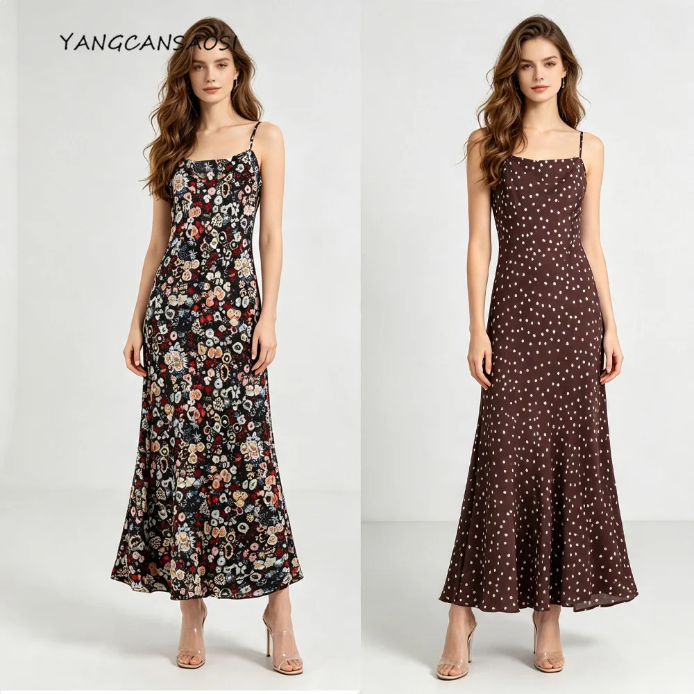 2026 Women's Casual Summer New 100% Natural Mulberry Silk 04 Crepe De Chine Oblique Cut Skin Friendly Printed Suspender Dress