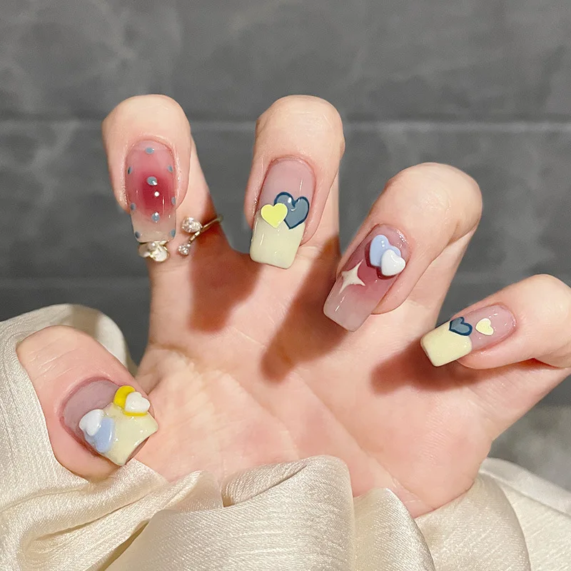 24Pcs Fake Nail Tips Colorful Sweet Style False Nail with Love Heart Print designs Press On false fingernail Wearable For Girls