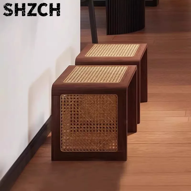 Light luxury Creativity Solid Wood Rattan Weaving Design Tea Table Small Low Stool Retro Style  Home use Side Table Footstool