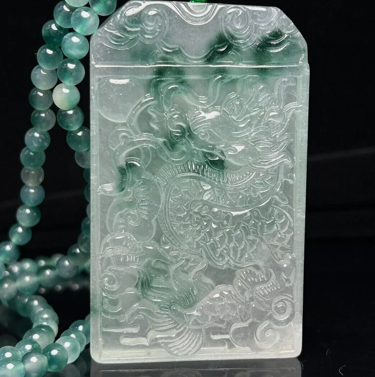 Certified Nature Ice Green Jade Jadeite Carved big Dragon Pendant&Necklaces imperial tablet to which students and officials were