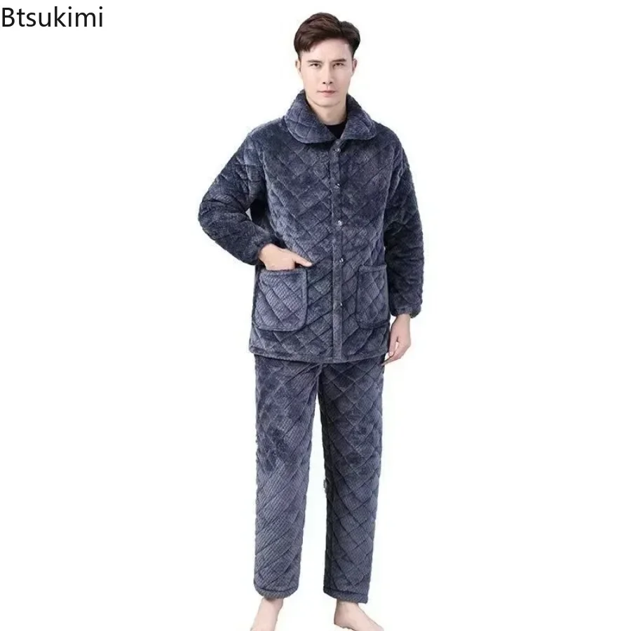 Winter New Men\'s Three-layer Thickened Pajama Set Cozy Coral Fleece Warm Home Cotton-padded Two Pieces Men Lounge Sleepwear Suit