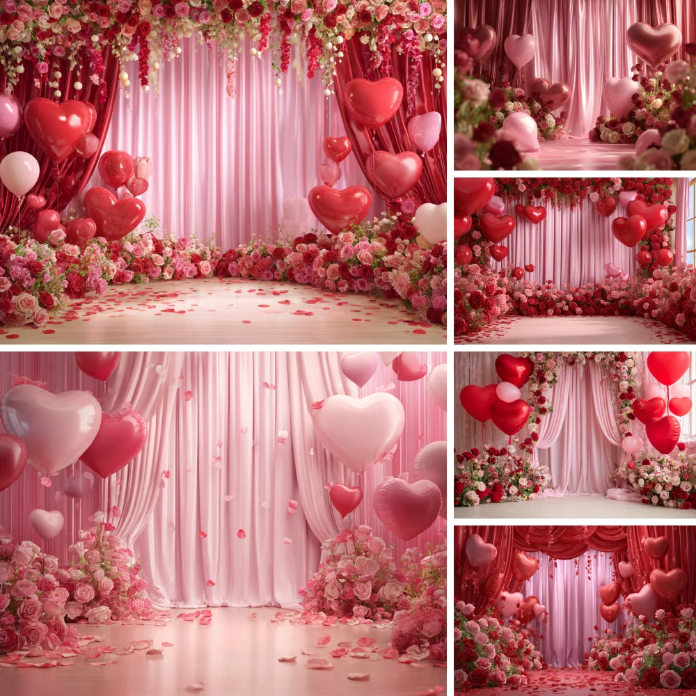 

Valentine's Day Balloon Hanging Flower Drapes Photography Backdrop February 14 Red Curtain Glitter Heart Background