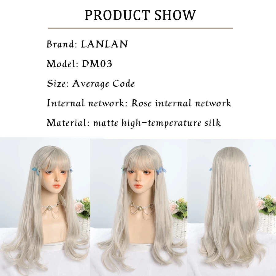 LANLAN Platinum Blonde Long Natural Wavy Synthetic Hair Wigs with Bangs Cosplay Party Halloween Wig for Women Heat Resistant