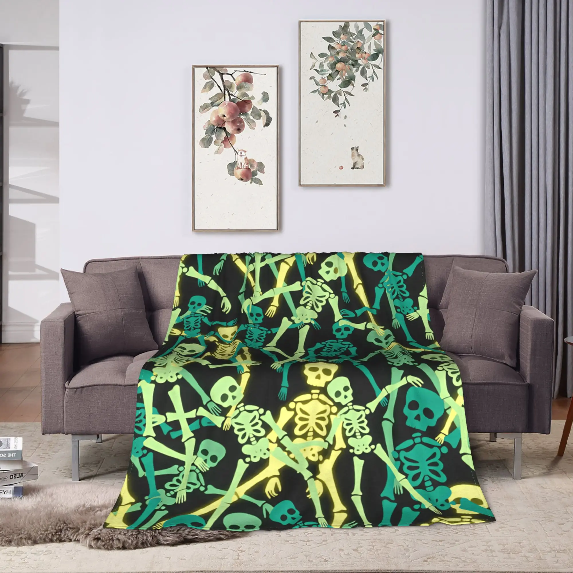 Retro Woodcut Style Skeleton Seamless Pattern Flannel Blanket Adults Girls  Comfortable Bedding Throws  Bedspread Sofa Bed Cover