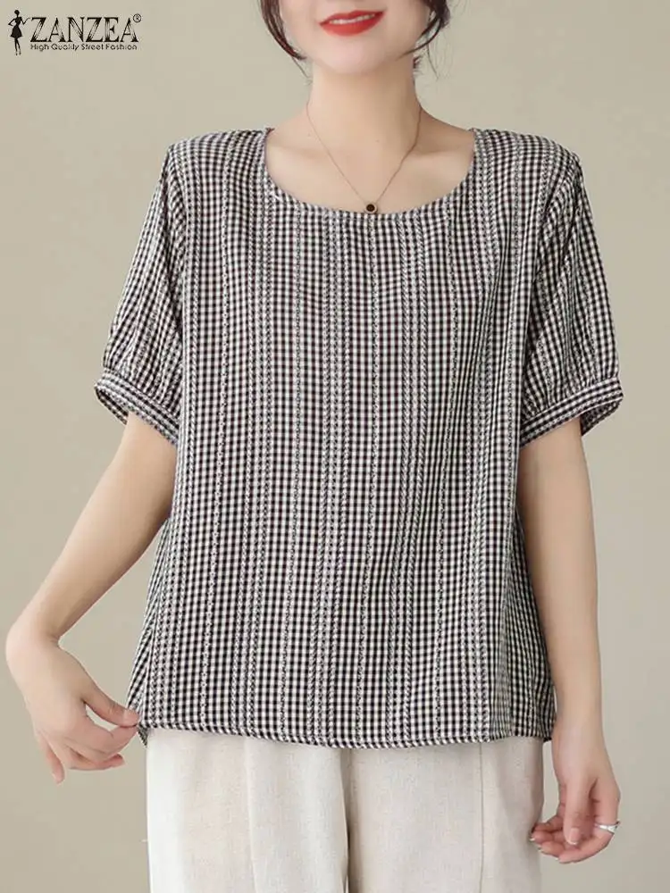 2024 ZANZEA Summer Plaid Checked Blouse Elegant Women Short Sleeve O Neck Tops Casual Shirt Female Elegant Work Blusas Chemise