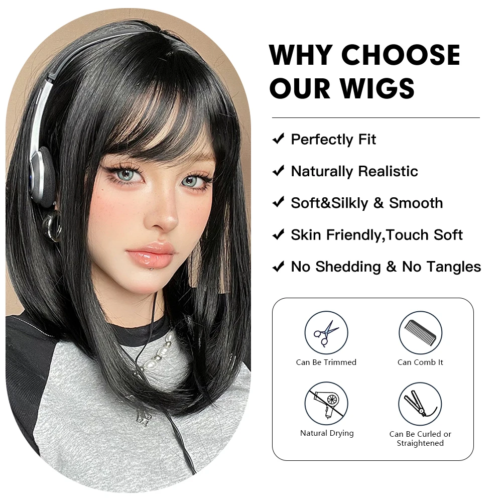 ALAN EATON Black Bob Straight Synthetic Wigs Short Hair Wigs with Bangs Heat Resistant Fiber Natural Looking Black Wig for Women