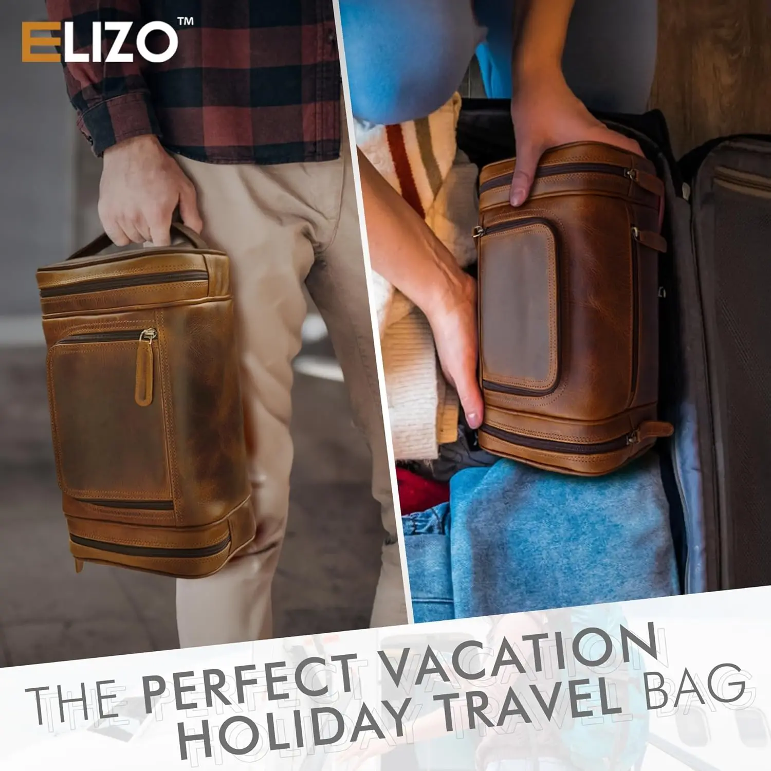 حقيبة أدوات الزينة للسفر من الجلد الطبيعي للرجال - منظم تعليق مقاوم للماء مع خطاف، سعة كبيرة جدًا