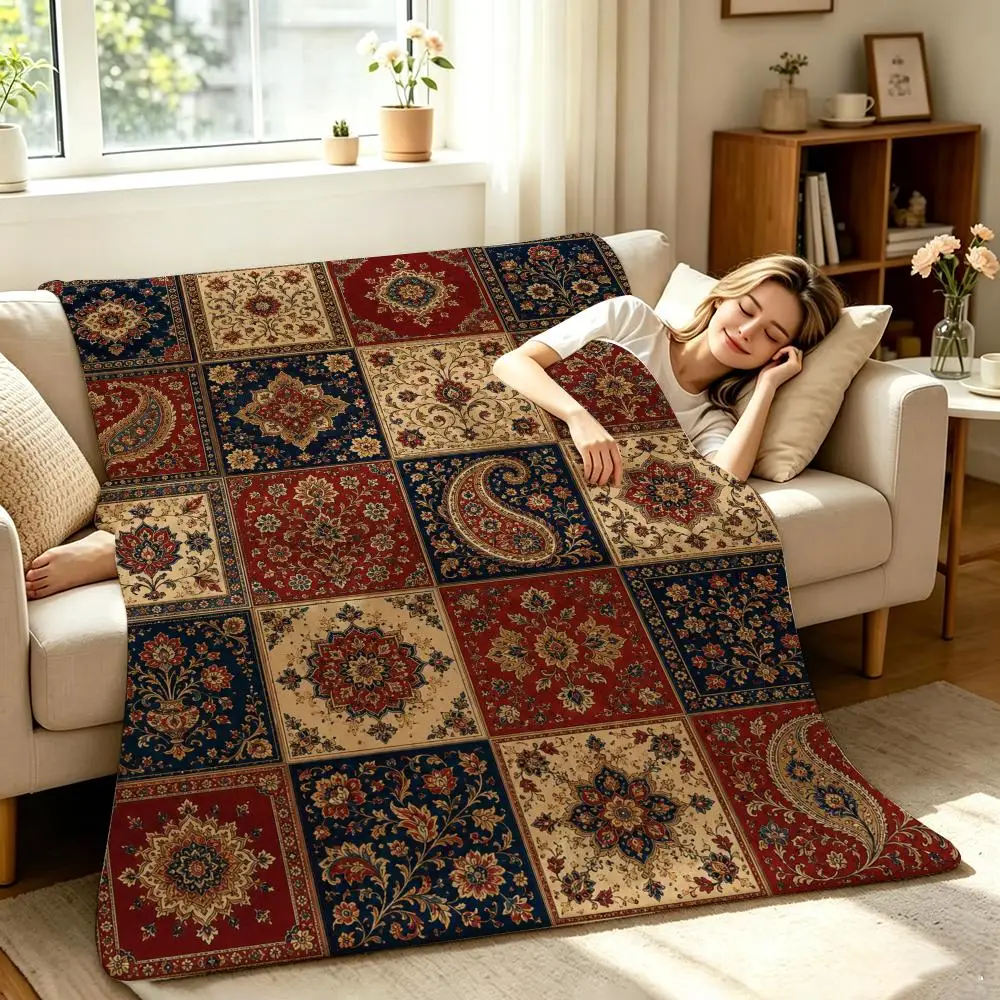 Boho Vintage Bohemian Tile Patchwork Throw Soft Warm Flannel Throw Blanket, Multi-use for Sofa Bed Office Nap