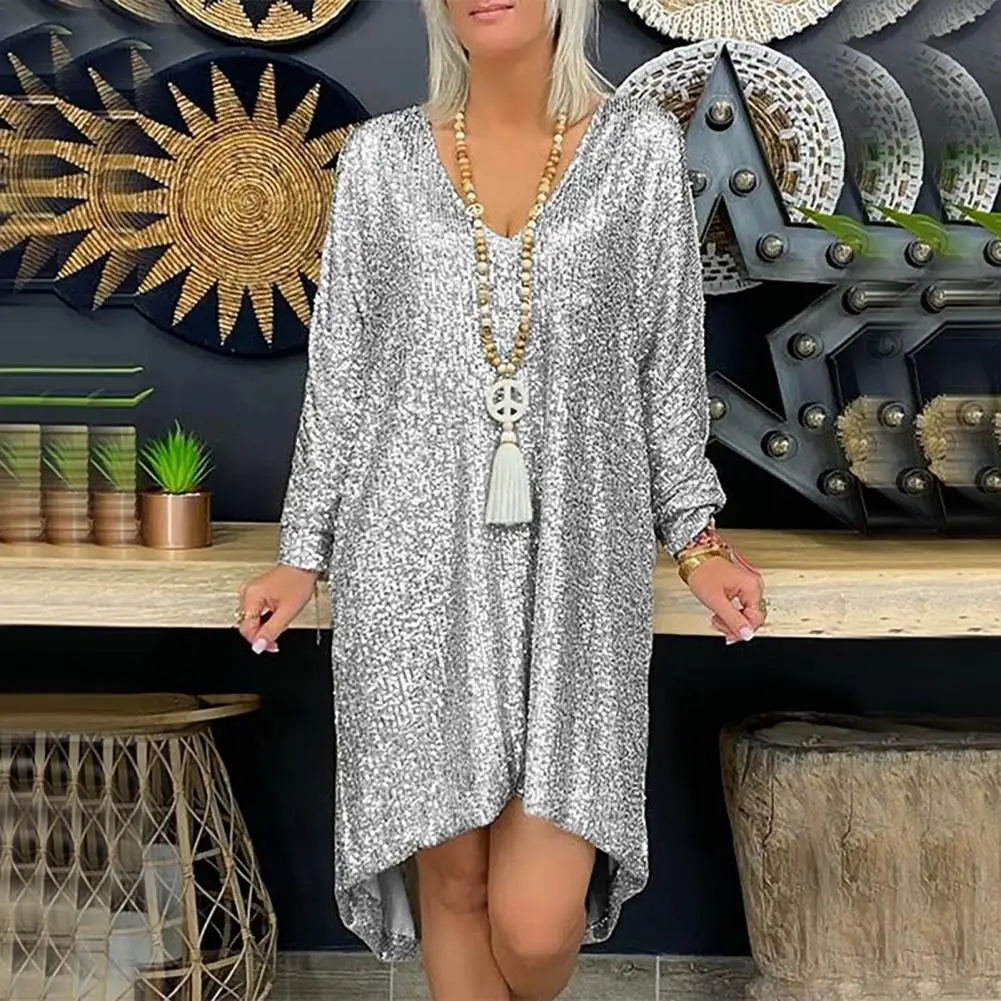 Shiny Sequins Oversized Beach Dress Long Sleeve High-low Hem Sequins Simple Casual Elegant Holiday Dress Party Lady Midi Dress