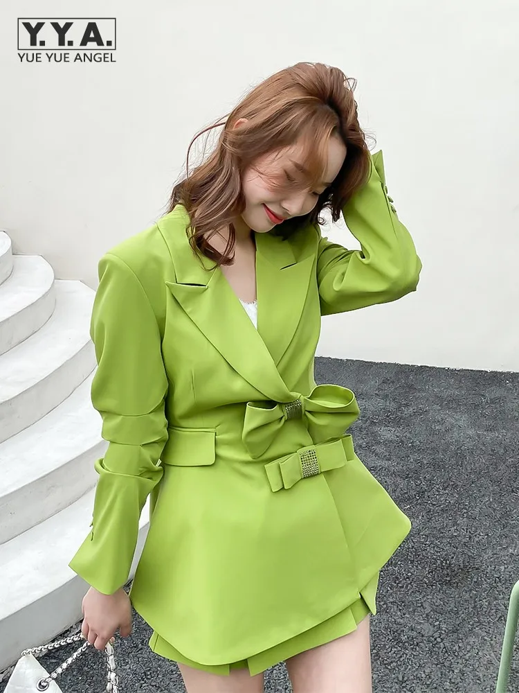 

Office Ladies Slim Fit Long Sleeve Designer Bowknot Suit Jacket High Waist A-Line Shorts Skirt Spring Summer Women Two Piece Set