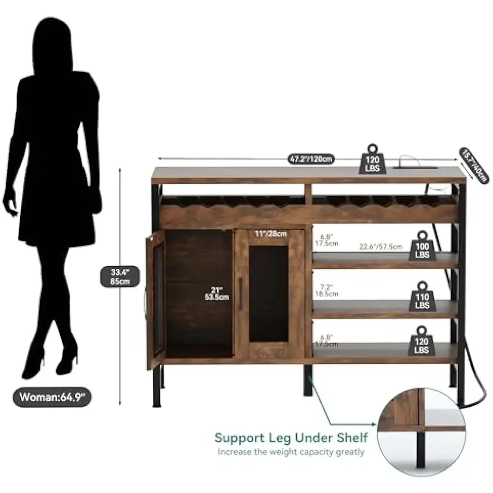 Armário industrial de bar de café de 47 "com luzes LED e tomadas de energia, armário de bebidas com portas, rack de vinho, armazenamento, aparador de madeira de metal