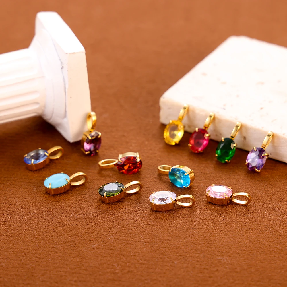 Colorful High Quality Long Lasting Color Oval Crystal Gold-Plated Inlaid Zircon Charms Pendant DIY Jewelry Necklace