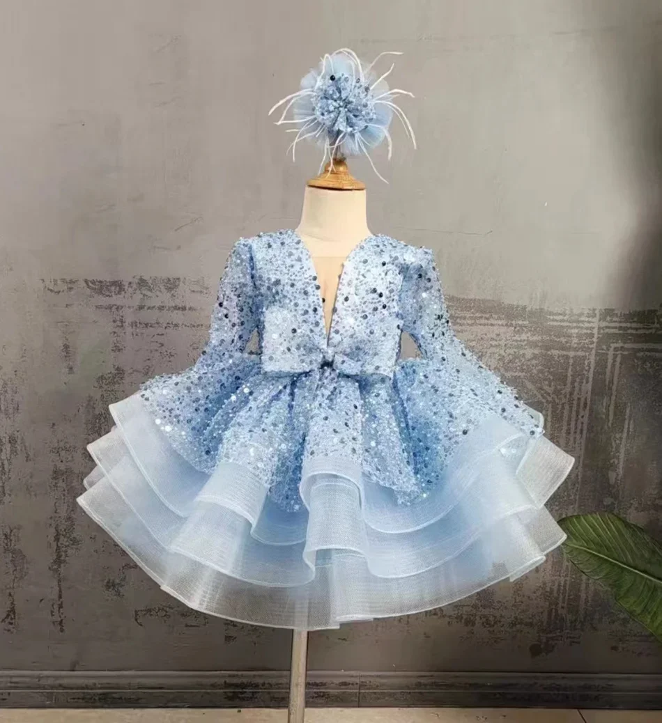 Luxurious Light Blue Glitter Flower Girl Dresses Girl Princess Dress Wedding Party Dress Girl Kid\'s Dress vestidos de niña