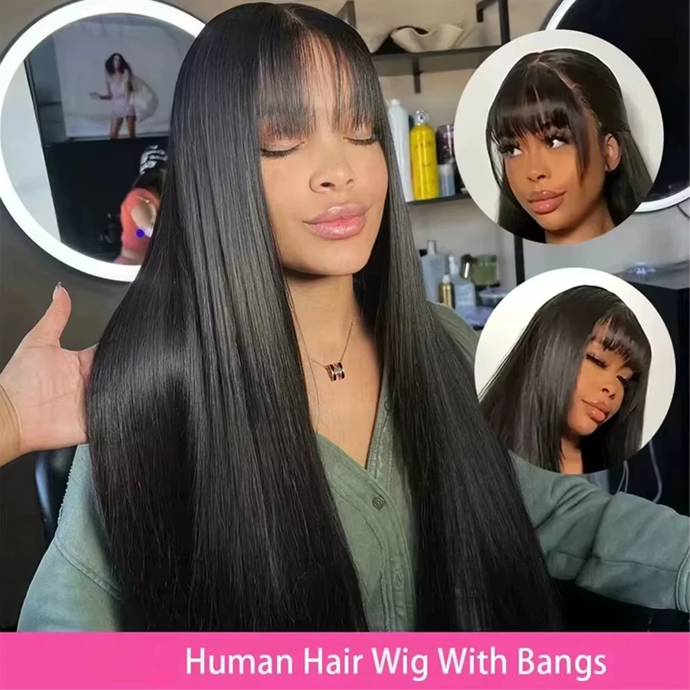 Bone Straight Human Hair Wig With Bangs 210 Density Full Machine Wigs 3X1 Middle Part Human Hair Wigs With Bangs For Women on Sale 30 32 inch