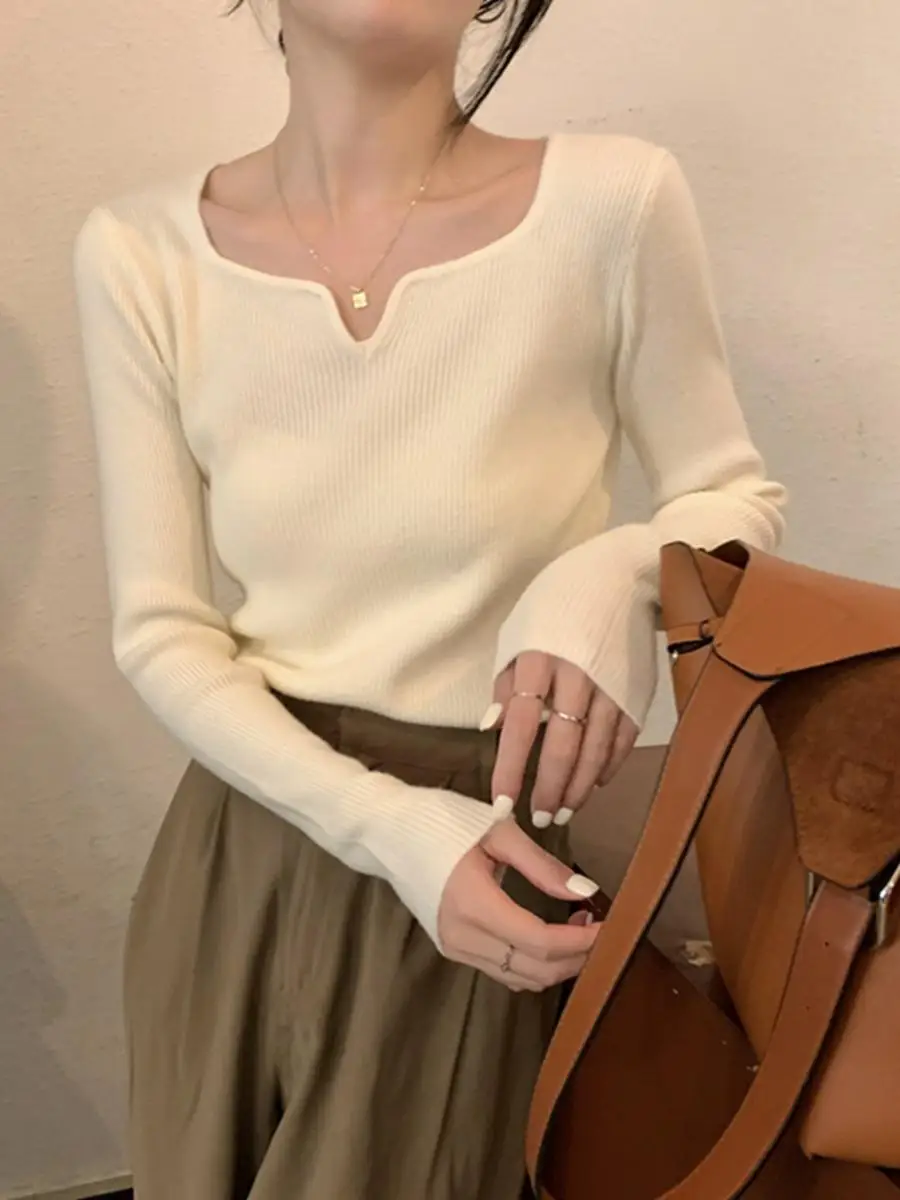 

Осень-зима, корейский облегающий свитер с квадратным воротником, вязаная основа, внутренняя одежда, персональный свитер, чистый...