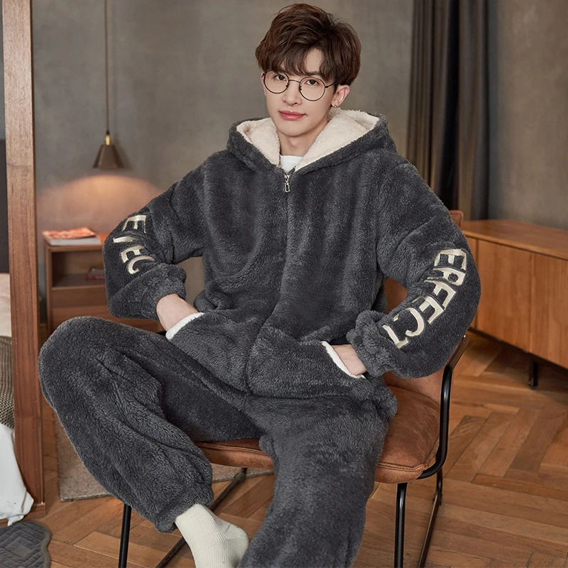 DAIMELU مقنعين منامة الرجال الشتاء ملابس خاصة مجموعة الدافئة المرجان الصوف طويلة الأكمام أفخم سميكة أفخم ملابس نوم طالب البدلة