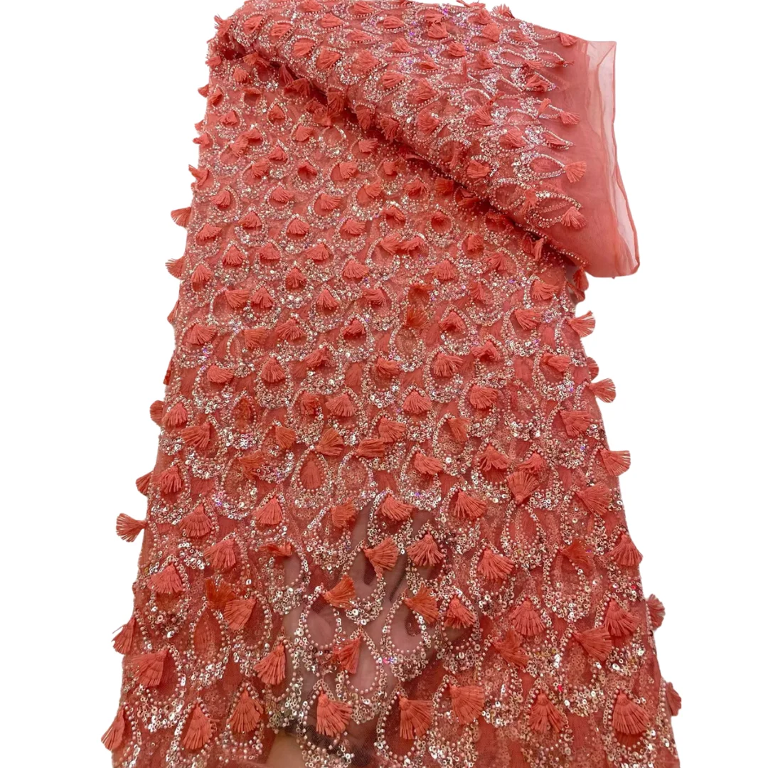 Fashion Tassel Mesh 3D Drip Embroidery Bead Lace Fabric Sequins African High Quality Tulle For Sewing Wedding Party Dress