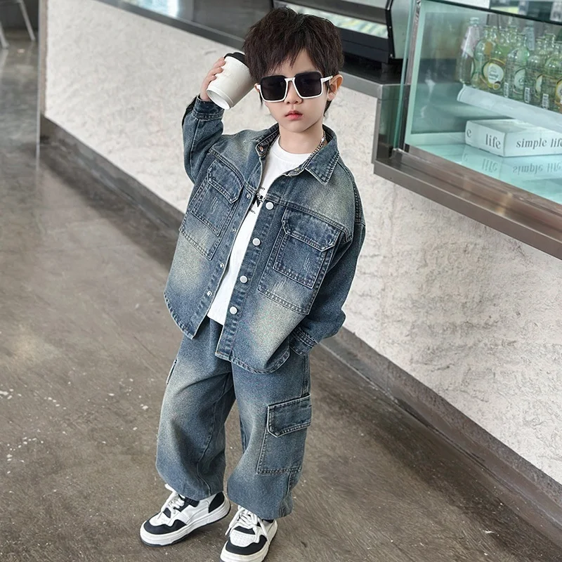 الأطفال الربيع والخريف الطبعة الكورية الجديدة الأزرق كاوبوي مجموعة 2025 كول وسيم بنين فضفاض ريترو 2 قطعة/مجموعة #1