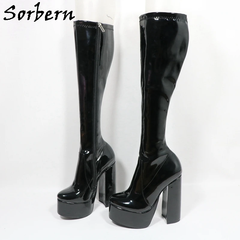 Sorbern Black Narrow Legs Boots For Women Block High Heels Visible Platform Shoes Ladies Round Toe Platform Plus Size Boots