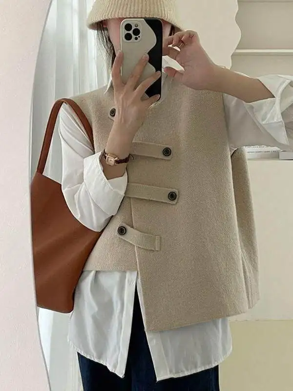 Fashionable Irregular Women's Vest Single Piece Shoulder Open Cardigan Knitted Polyester Regular Sleeveless round Neck Elastic