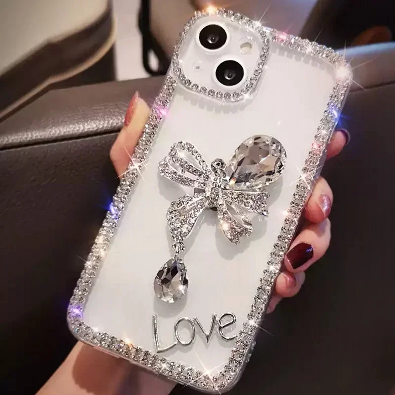 Luxury Glitter Crystal Diamond Bow Tie Phone Case, Silicone Floral Bling Cover, for iPhone16 15, 14, 13, 12, 11 Pro Max, X, XS