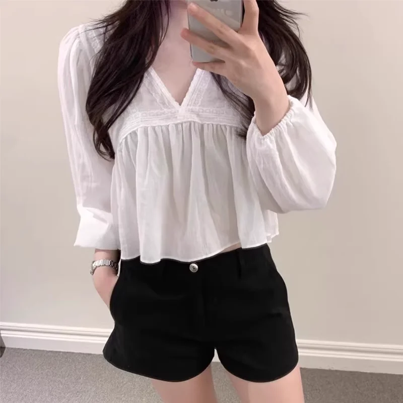 المرأة قميص الخريف جديد الخامس الرقبة الدانتيل المرقعة بلوزات طويلة الأكمام الكورية شيك الحلو لطيف الصلبة تنوعا بلوزات قصيرة