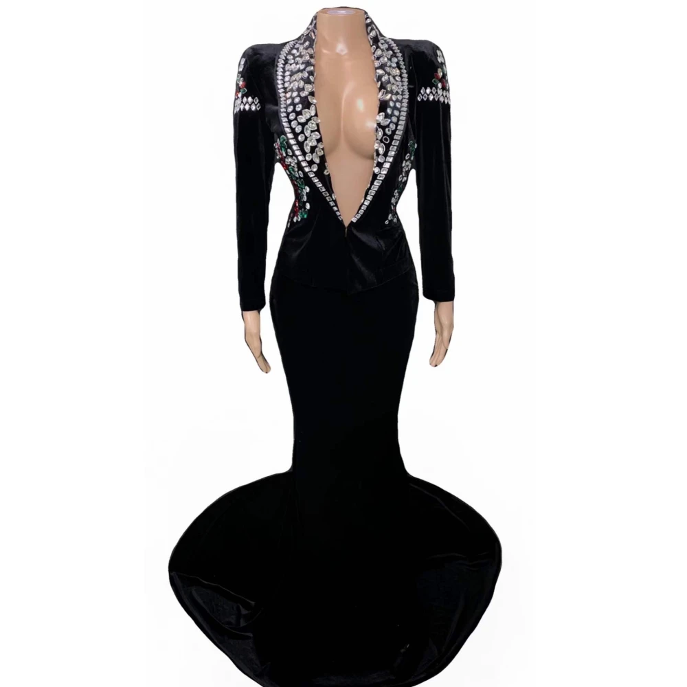 Robe longue noire à col en V profond en velours fz pour femmes, cristal brillant, sexy, traînante, célébrité, vêtements élégants, tenue de soirée pour chanteur