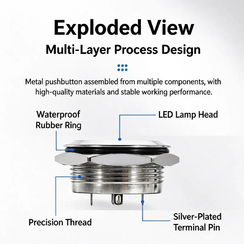 Ultra-Short Microtravel Stainless Steel Push Button Switch LED Lamp Self-Reset Momentary Normal Open 12mm/16mm/19mm/22mm
