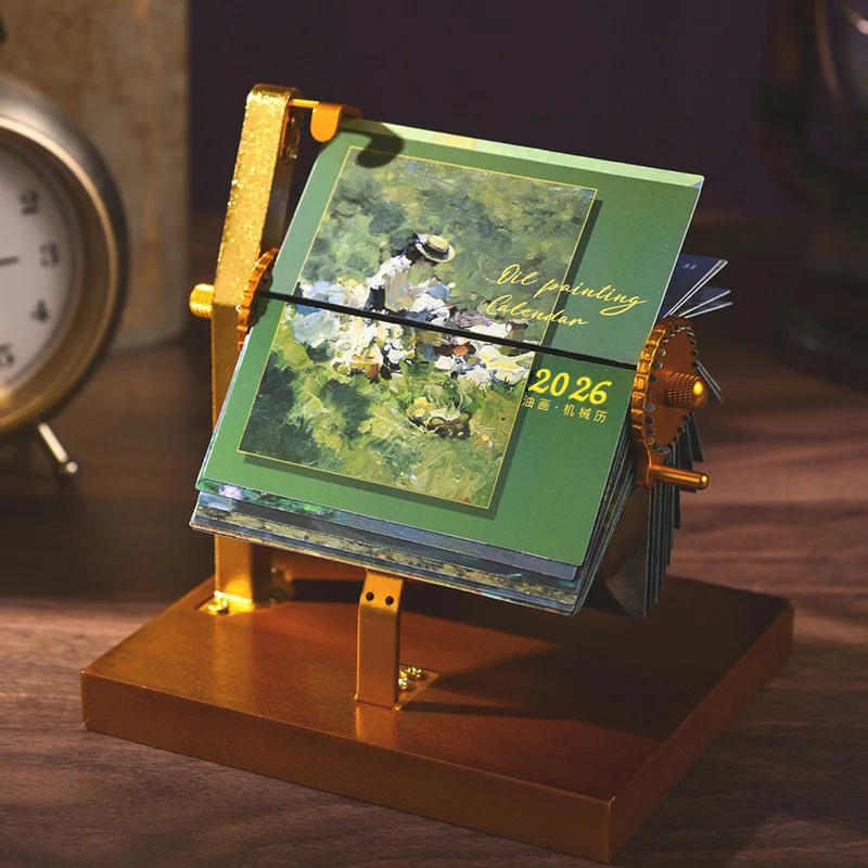 

Hand-Crank Flip Calendar 2026 World Famous Oil Painting Solid Wood Base Mechanical Desk Decor Luxury Gift