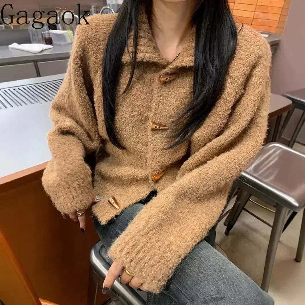 Gagaok Streetwear Women Knitted Cardigan Sweater Elegant Gentle Retro Autumn Clothes Coat Outwear Warm Horn Buckle Sweater