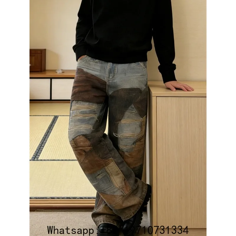 Niche design patchwork jeans, men's irregular patched ripped vintage distressed slimming wide-leg pants