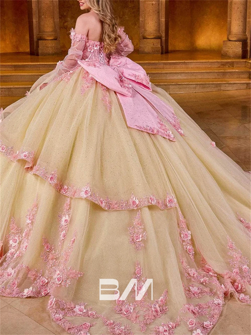 Vestido de quinceañera Floral rosa para mujer, vestido de baile con corsé sin hombros, forro champán, dulce 15 16, fiesta de cóctel, 2024