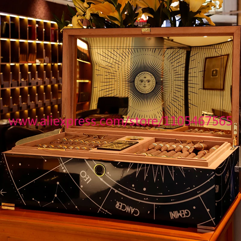 1Pcs FANXIANG luxury cedar wood cigar box with lacquered finish, USB charging, fingerprint lock, large capacity