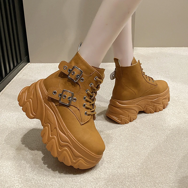 Women High Platform Punk Boots Winter 2023 British Style Thick-soled Ankle Shoes Metal Chain Short Boots New Chunky Sneakers 9CM