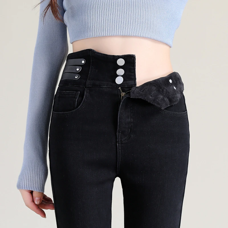 High Waist New Women's Fleece Jeans Winter Warm Thermal Slim Blue Black Fashionable Casual Velvet Elastic Pencil Denim Trousers