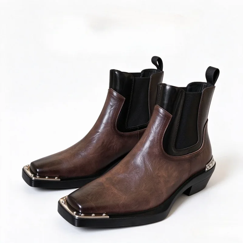 Men Square Toe Chelsea Boots Elastic Slip on Western Ankle Boots Thick Block Heel Non-slip Fashion Casual Shoes 38-46