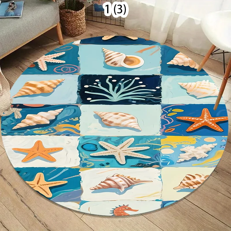 Coastal Beach 2D Water Stone Print Round Rug Soft Non-Slip Circular Carpet Tropical Ocean Starfish Shell Floral Design Mat