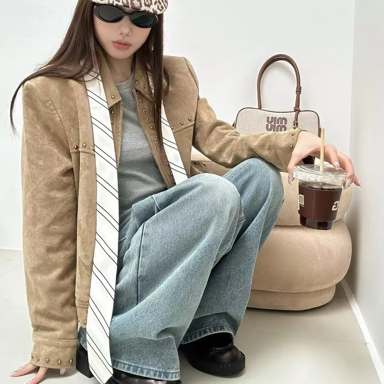 Women American Vintage Jacket Studded Moto Coat Loose Oversized Lapel Collar Autumn Streetwear Chic Jakcet Top